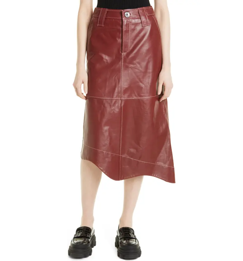 Ganni Asymmetric Leather Skirt_MADDER BROWN