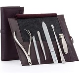 GERMANIKURE 6pc Manicure Set in Dark Purple Leather Case - FINOX Stainless Steel Tools Made in Germany, Glass Nail Care Supplies Made in Czech Republic  Professional Cuticle and N