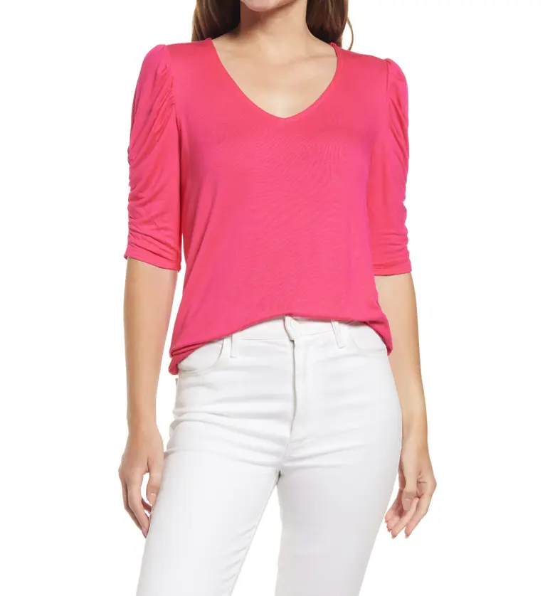 GIBSONLOOK Ruched Sleeve Top_BRIGHT PINK