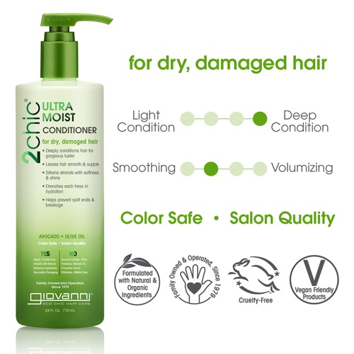  GIOVANNI 2chic Ultra-Moist Conditioner, 24 oz. Avocado & Olive Oil, Creamy Hydration Formula, Enriched with Aloe Vera, Shea Butter, Botanical Extracts & Oils, No Parabens, Color Sa