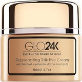 GLO24K UNLEASH THE POWER OF GOLD GLO24K Eye Cream with 24k Gold, Hyaluronic Acid, Rosehip Oil, and Vitamins. Minimizes wrinkles and fine-lines around the eyes.