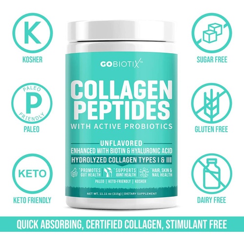  GOBIOTIX Grass Fed Collagen Peptides Powder Supplement + Vital Probiotics - Non-GMO Collagen Powder Type I and III - Keto, Paleo, Gluten Free, Kosher, Hydrolyzed Protein, Unflavore