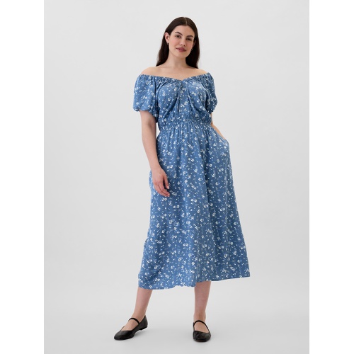 갭 Print Puff Sleeve V-Neck Midi Dress