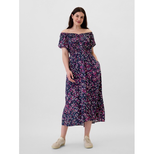 갭 Print Puff Sleeve V-Neck Midi Dress