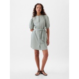 Linen-Cotton Puff Sleeve Mini Shirtdress