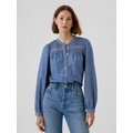 Puff Sleeve Lace-Trim Denim Shirt