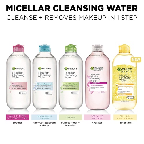  Garnier SkinActive Micellar Cleansing Water, For All Skin Types, 13.5 fl oz + Micellar Cleansing Water, For Waterproof Makeup, 3.4 fl oz