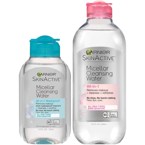  Garnier SkinActive Micellar Cleansing Water, For All Skin Types, 13.5 fl oz + Micellar Cleansing Water, For Waterproof Makeup, 3.4 fl oz