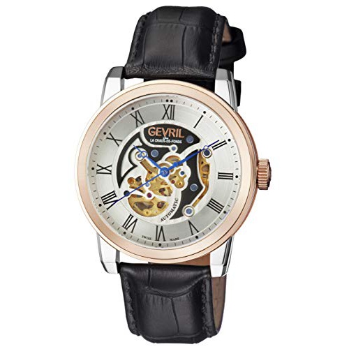  Gevril Mens Vanderbilt Swiss-Automatic Watch with Leather Calfskin Strap, Black, 22 (Model: 2694)