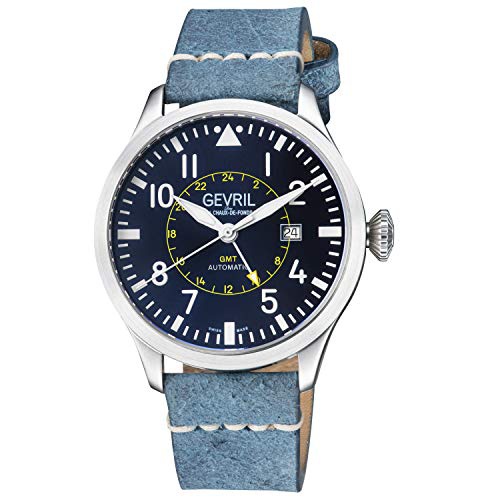  Gevril Mens Stainless Steel Automatic Watch with Leather Strap, Blue, 20 (Model: 44504)