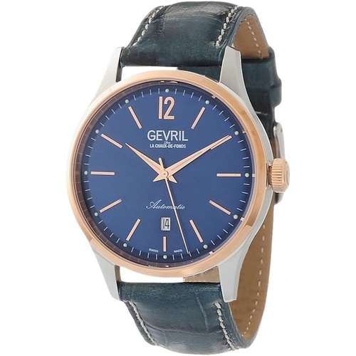  Gevril Mens Stainless Steel Automatic Watch with Italian Leather Strap, Blue, 20 (Model: 4254A-L1)