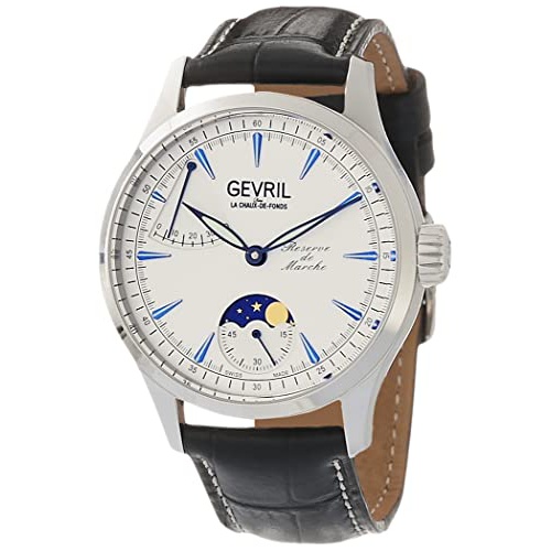  Gevril Mens Stainless Steel Swiss Mechanical Watch with Italian Leather Strap, Black, 20 (Model: 462001-L1)