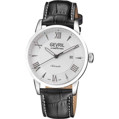  Gevril Mens Stainless Steel Swiss Automatic 3 Hands Watch with Leather Strap, Black, 20 (Model: 46300)