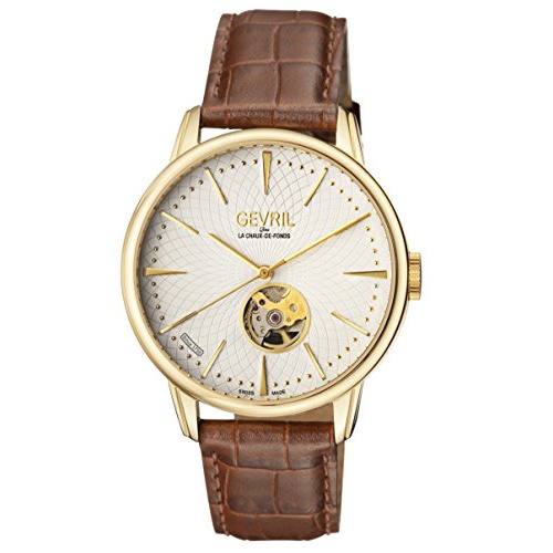  Gevril Mulberry Mens Open Heart Swiss Automatic Brown Leather Strap Watch, (Model: 9603)