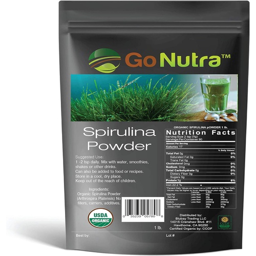  Go Nutra Spirulina Powder Organic 1 lb - 16 oz Pure Non GMO Superfoods for Antioxidant, Minerals, Fatty Acids, Fiber & Protein Vegan Friendly USDA Certified