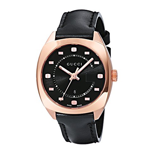 구찌 Gucci Swiss Quartz Gold-Tone and Leather Dress Black Mens Watch(Model: YA142407)