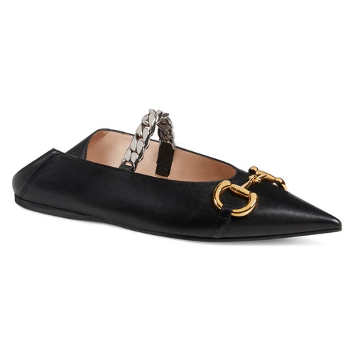 구찌 Gucci Deva Horsebit & Chain Convertible Pointed Toe Ballet Flat_BLACK