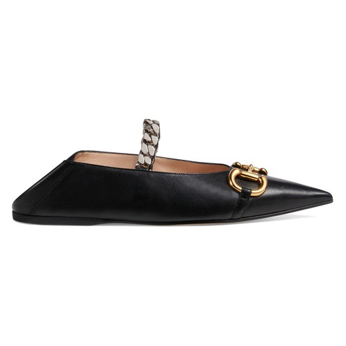 구찌 Gucci Deva Horsebit & Chain Convertible Pointed Toe Ballet Flat_BLACK