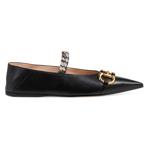 구찌 Gucci Deva Horsebit & Chain Convertible Pointed Toe Ballet Flat_BLACK