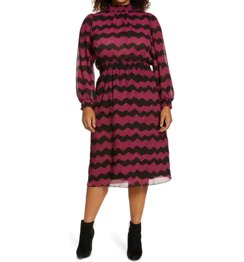 Halogen Chevron Stripe Long Sleeve Plisse Dress_PURPLE- BLACK ZIG ZAG