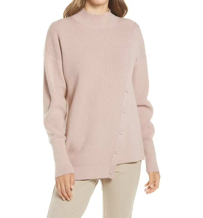 Halogen Mock Neck Stitch Mix Sweater_PINK ADOBE