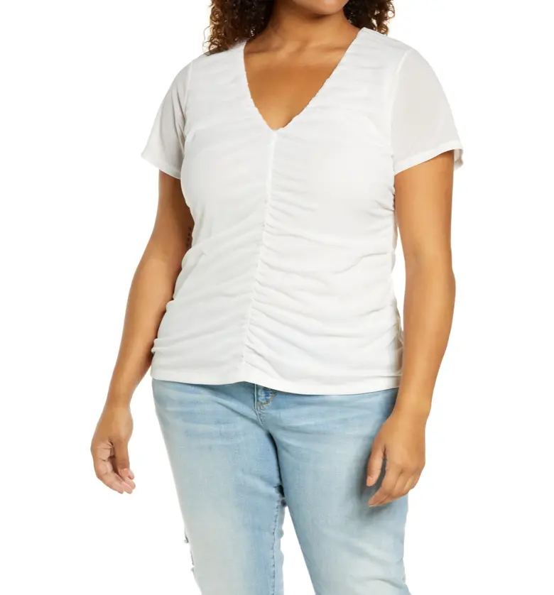 Halogen Ruched V-Neck Top_IVORY CLOUD