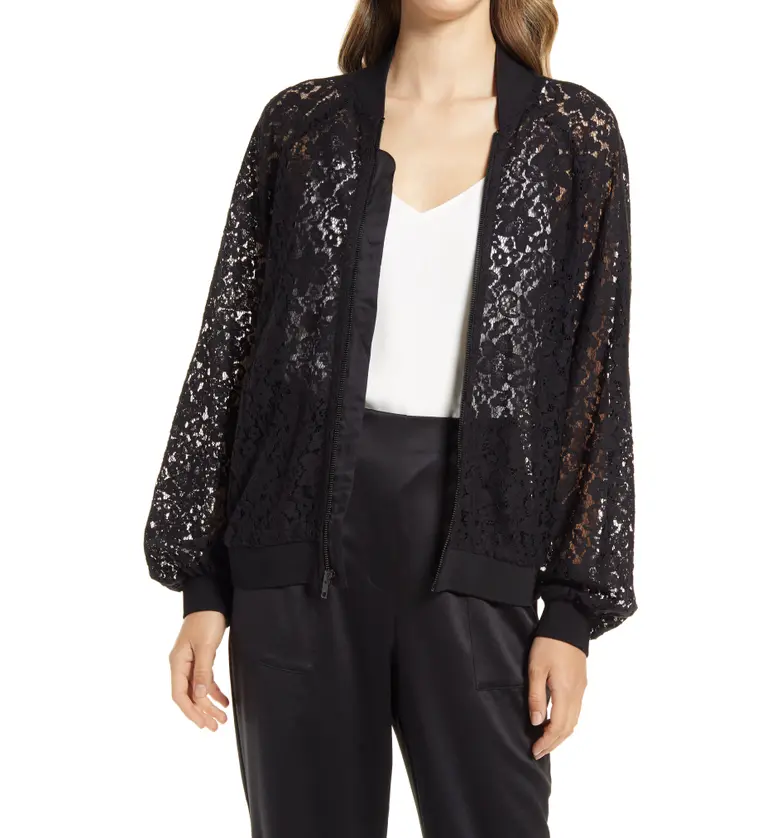 Halogen Cotton Blend Lace Bomber Jacket_BLACK