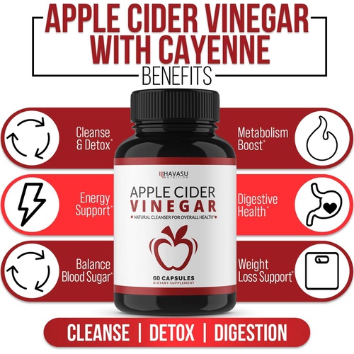  HAVASU NUTRITION Apple Cider Vinegar Capsules with 500mg Apple Cider Vinegar and 20mg Cayenne Pepper per Serving for Bloating Relief (60 Count, 1 Pack)