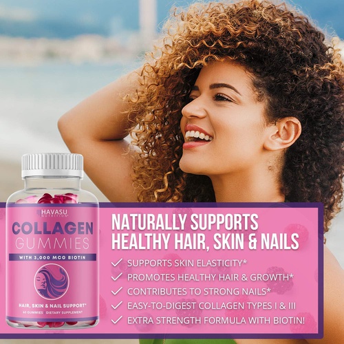  HAVASU NUTRITION Collagen Gummies for Hair Growth with 2500mcg Biotin Hydrolyzed Bovine Collagen with Zinc Vitamin E & C and for Hair Skin and Nail Growth 60 Natural Lemon Flavor Gummies Non-GMO an