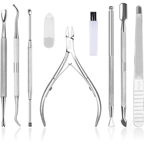  HIFAU 8PCS Premium Cuticle Nippers Pusher Manicure Tools Set, Professional Ingrown Toenail File, Cuticle Remover Trimmer Cutters Tool Gel Nail Art Kit, Stainless Steel, Travel, Gif