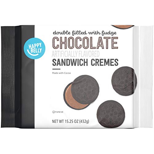  Amazon Brand - Happy Belly Double Filled with Fudge Chocolate Sandwich Cremes Cookies, 15.25 Ounce