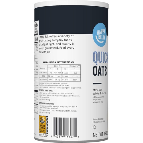  Amazon Brand - Happy Belly Quick Cook Oats, 18 Ounce