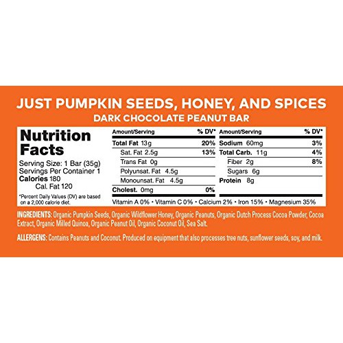  Health Warrior Pumpkin Seed Protein Bars, Dark Chocolate Peanut, 8g Plant Protein, Gluten Free, Certified Organic, 12 Count