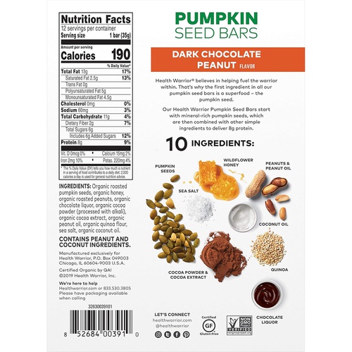  Health Warrior Organic Pumpkin Seed Protein Bars, Variety Pack, 7+g Plant Protein, Gluten Free, Certified Organic (12 Pack)