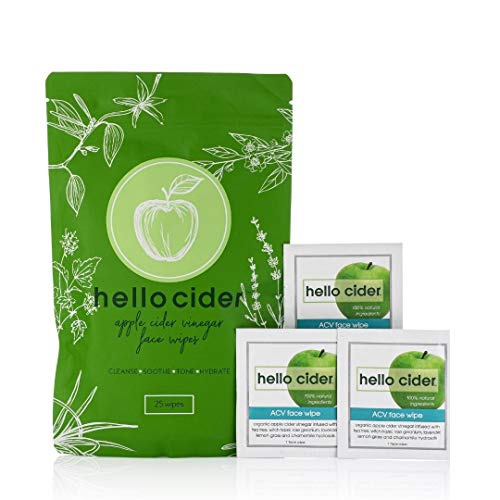  Hello Cider Apple Cider Vinegar Acne Face Wipes-Organic Tea Tree+Rose+Chamomile+Witch Hazel.NO Oils. Reduce Blemish, Prevent Acnes, Restore pH, Tone, Hydrate & Moisturize. All skin types. 25ct