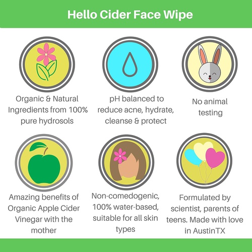  Hello Cider Apple Cider Vinegar Acne Face Wipes-Organic Tea Tree+Rose+Chamomile+Witch Hazel.NO Oils. Reduce Blemish, Prevent Acnes, Restore pH, Tone, Hydrate & Moisturize. All skin types. 25ct