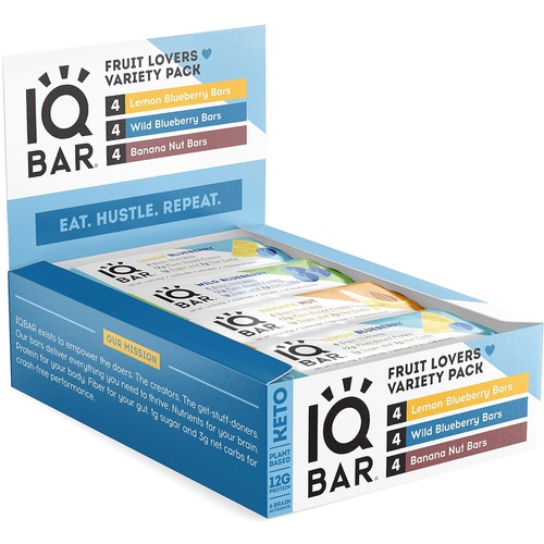  IQBAR Brain and Body Keto Protein Bars - Fruit Lovers Variety Keto Bars - 12-Count Energy Bars - Low Carb Protein Bars - High Fiber Vegan Bars and Low Sugar Meal Replacement Bars -