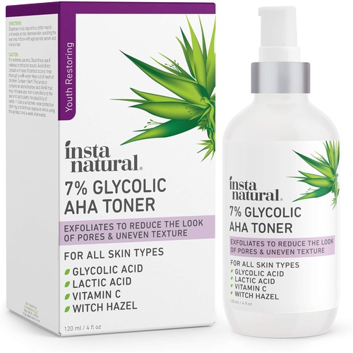  InstaNatural Glycolic Acid Toner 7% with Vitamin C - Pore Minimizer, Blackhead & Brightening Treatment - AHA Exfoliating Astringent - Skin Hydrating Glow Tonic for Face - Lactic Acid, Alpha Hyd