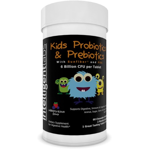  Intelligent Labs 6 Billion CFU Kids / Childrens Probiotics with Prebiotics, Sunfiber and Fos, for 10x More Effectiveness. One A Day Great Taste Chewable Probiotic, 2 Months Supply Per Bottle