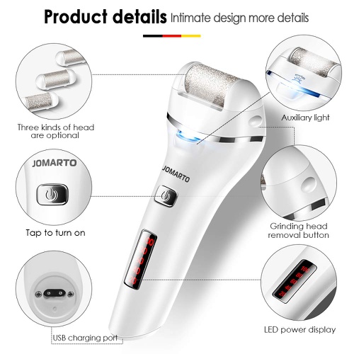  Callus Remover for Feet, Electric Foot File Rechargeable Pedicure Tools, JOMARTO Professional Callous Remover Kit with 3 Coarse Roller Heads, LED Light, 2 Speeds for for Cracked He