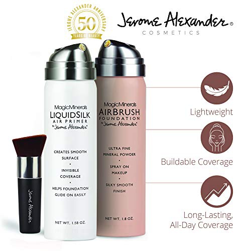  MagicMinerals AirBrush Foundation Set by Jerome Alexander (LIGHT)  3pc Set Includes Primer, Foundation and Kabuki Brush - Spray Makeup with Anti-aging Ingredients for Smooth Radia