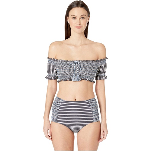  Jonathan Simkhai Striped Smocked High-Waisted Bikini Bottoms