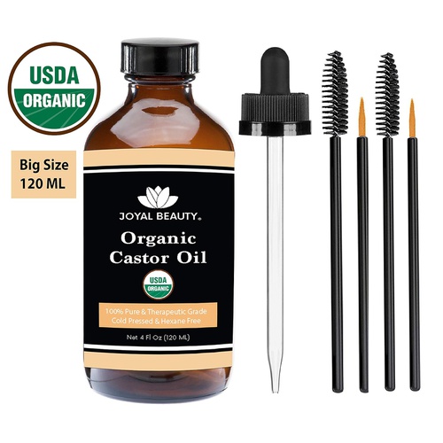  Castor Oil (4 OZ) USDA Organic 100% Pure Cold-Pressed Hexane-free Premium Quality Large Size for Hair Growth, Eyelashes, Eyebrows, Beard and Skin by Joyal Beauty. Bonus FREE Mascar