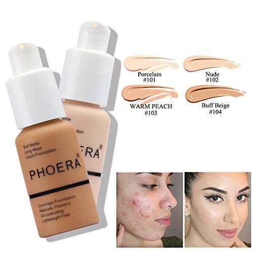  Junhe 2 Pcs Phoera Liquid Foundation 30ml,Natural Moisturizing Highlighting, Matte Oil Control Concealer Foundation Cream,Phoera Foundation for Women Girls(104 Buff Beige)