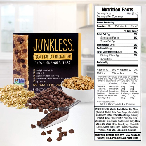  JUNKLESS Chewy Granola Bars, Peanut Butter Chocolate Chip, 6 x 1.1 oz bars, Non-GMO, low sugar, great tasting, made for kids & families