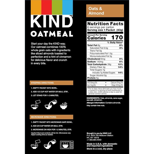  KIND Oatmeal (Gluten Free, Low Sugar, Individual Packets), Oats & Almond, 270 Oz