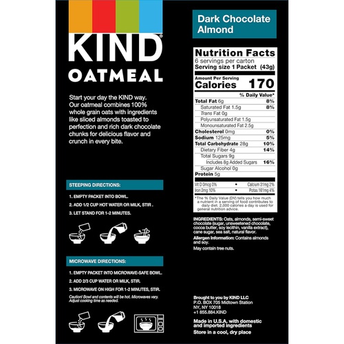  KIND Oatmeal, Dark Chocolate Almond, Gluten Free, Low Sugar, Individual Packets, 30 Count