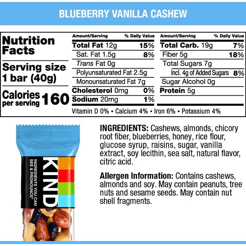  KIND Bars, Blueberry Vanilla & Cashew, Gluten Free, Low Sugar, 1.4oz, 12 Count