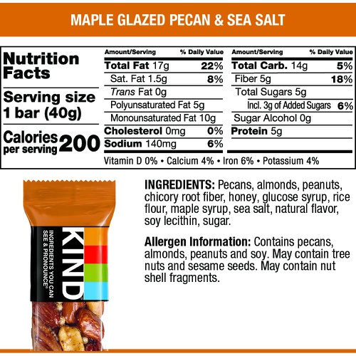  KIND Bars, Maple Glazed Pecan and Sea Salt, Gluten Free, Low Sugar, 1.4 Ounce Bars, 24 Count