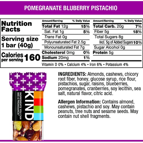 KIND Bars Pomegranate Blueberry Pistachio + Antioxidants, Gluten Free, 1.4 Ounce Bars, 24 Count